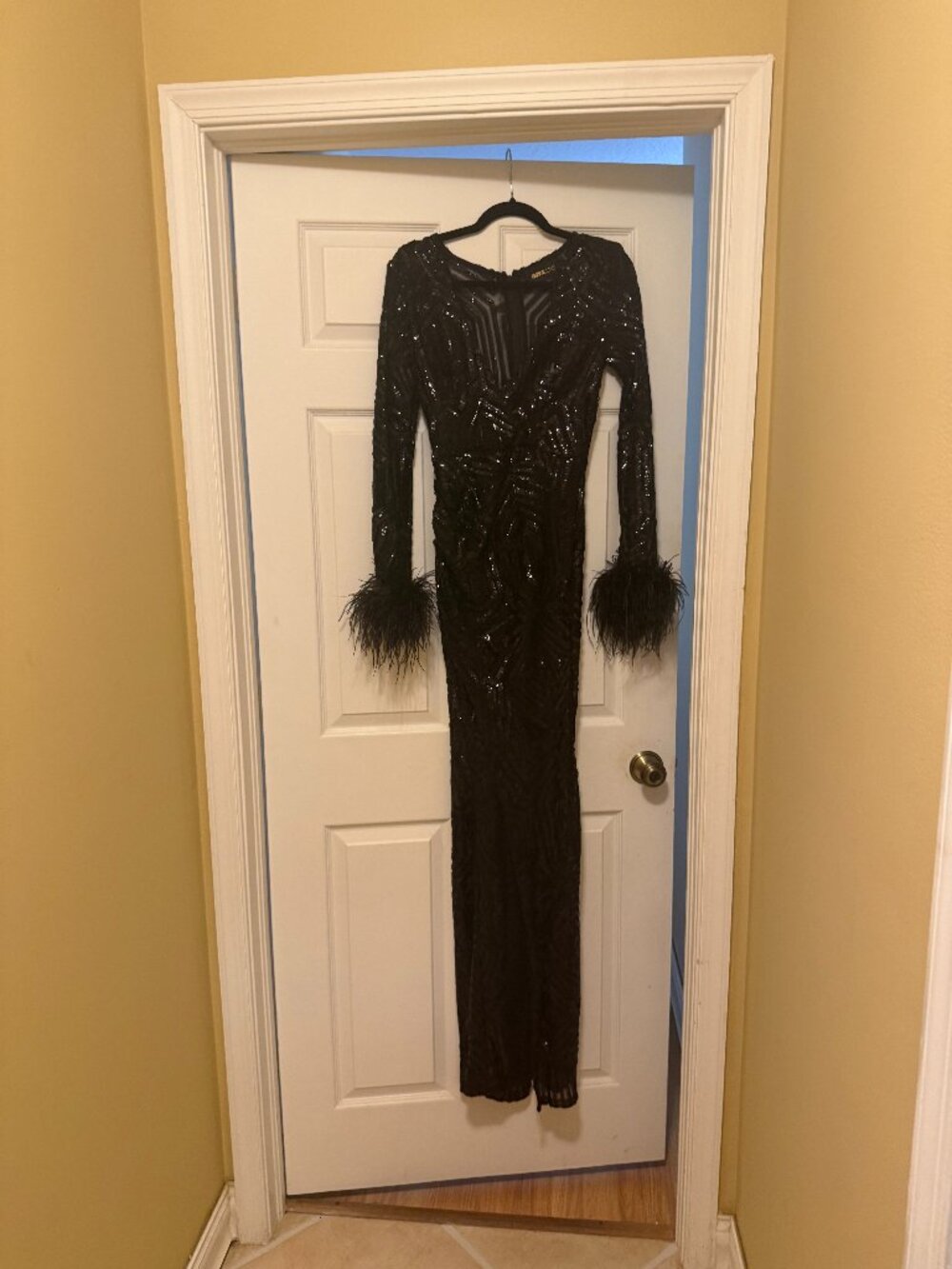 NWT Black Sequin Formal gown with Feather Detail